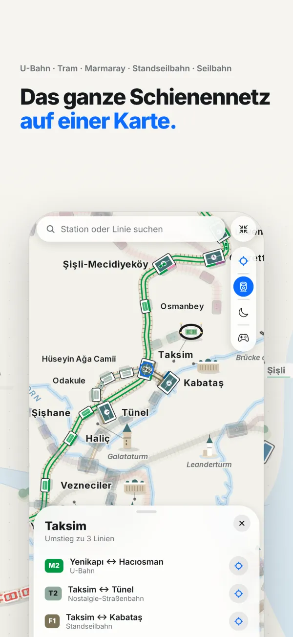 App-Ansicht: Istanbuls Schienennetz mit dem Stationsfenster Taksim und seinen Anschlusslinien