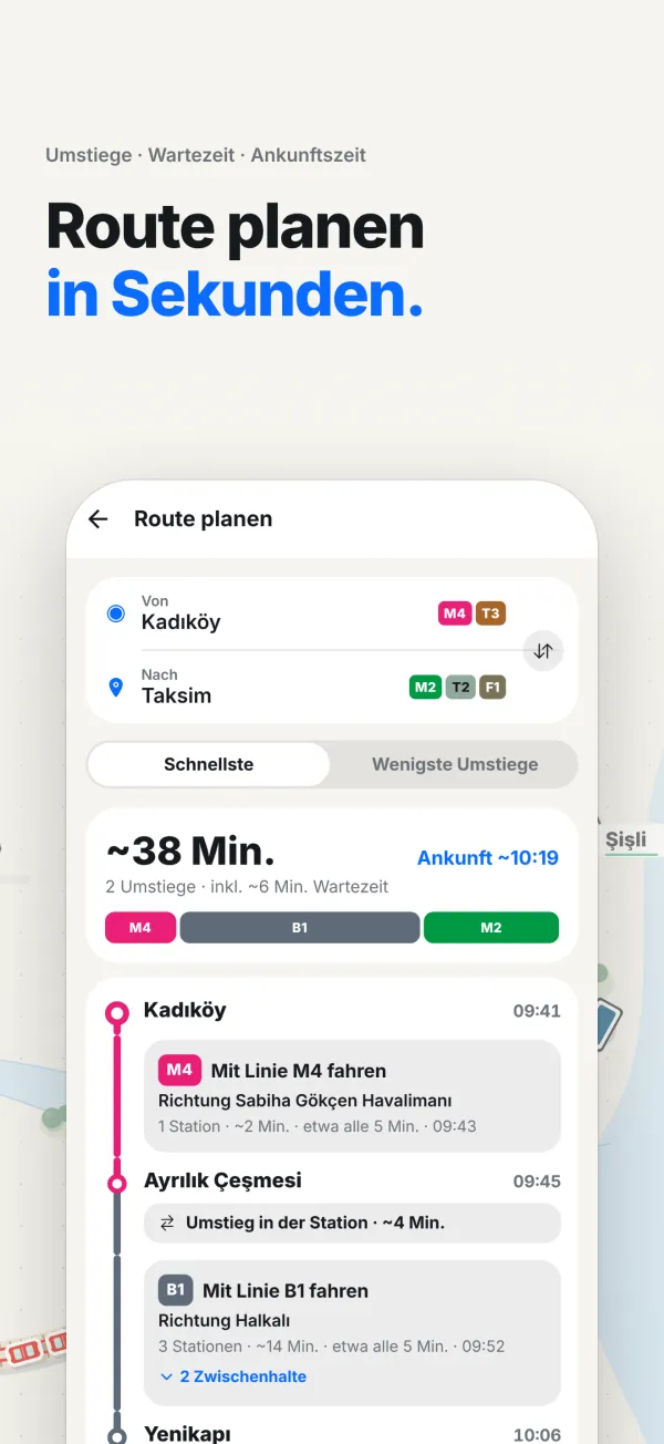 App-Ansicht: geplante Route mit Fußweg, Tram, Marmaray und U-Bahn sowie Ankunftszeit
