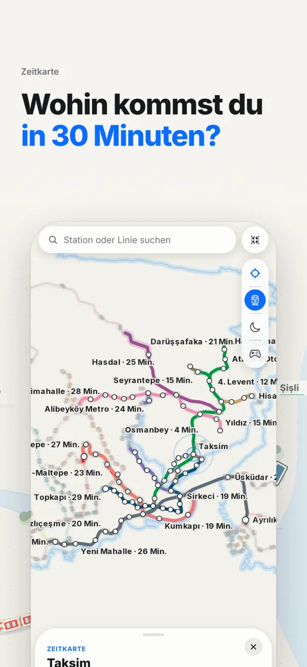 Zeitkarte mit den Orten, die von der gewählten Station in wenigen Minuten erreichbar sind