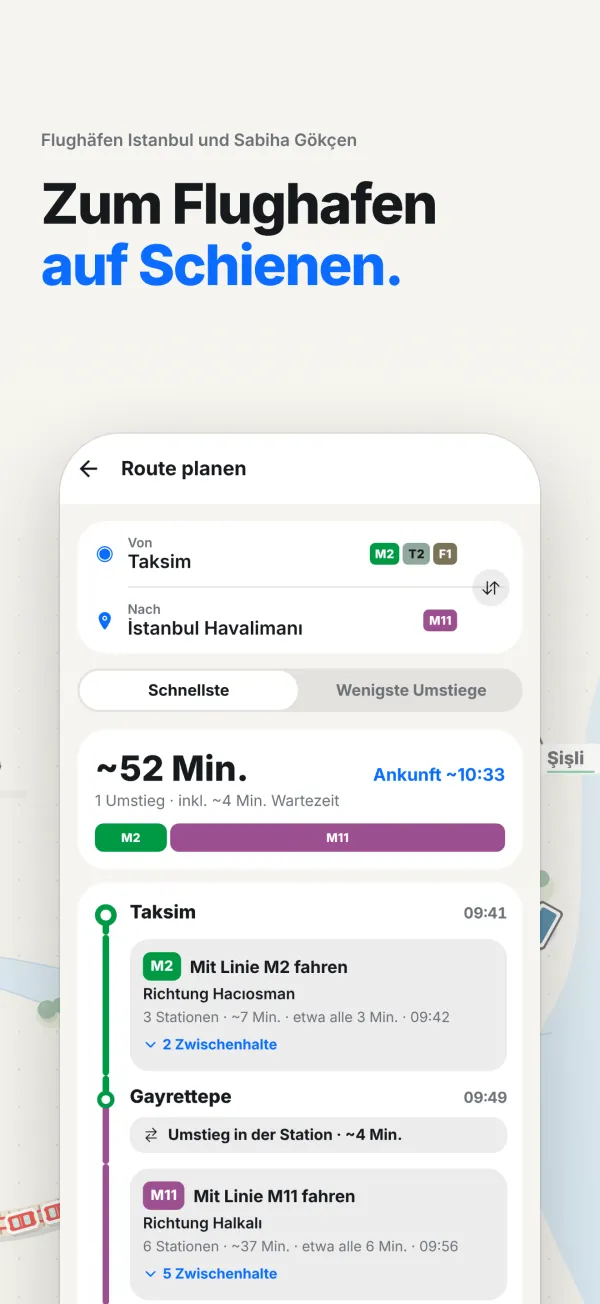 Route zum Flughafen mit Umstiegen und Fahrzeit