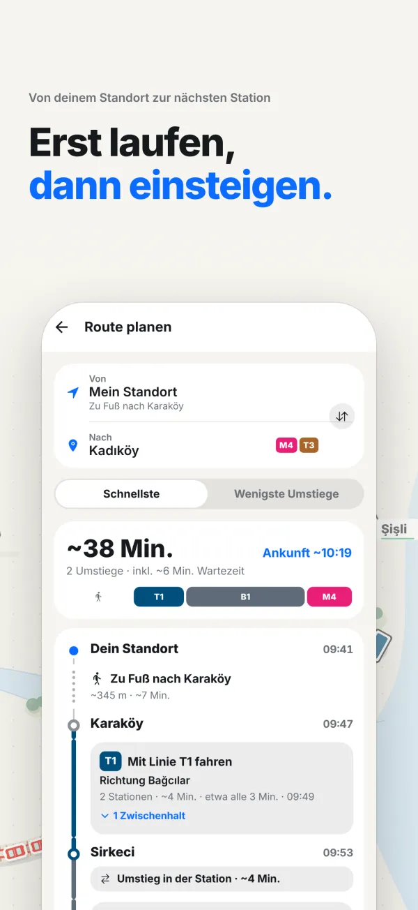 Route ab dem Standort: zu Fuß nach Karaköy, dann mit Tram, Marmaray und U-Bahn nach Kadıköy