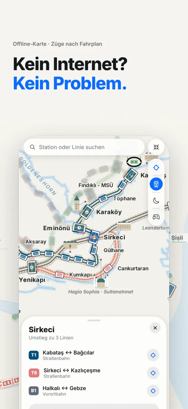 Offline-Karte mit Zügen, die nach Fahrplan fahren