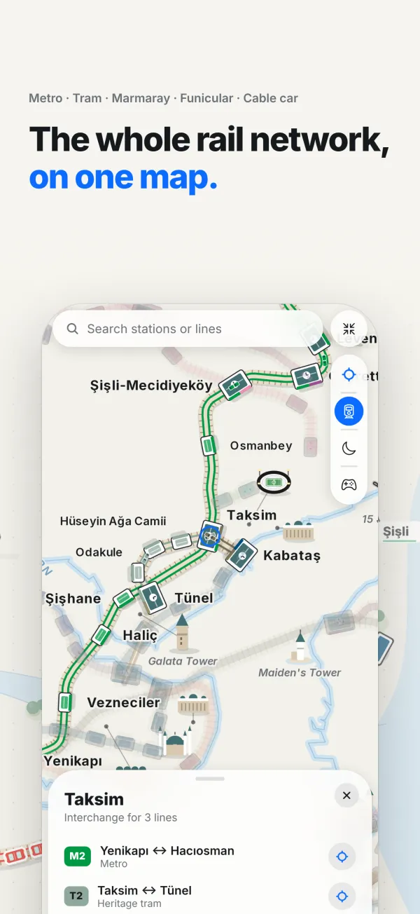 App screen: Istanbul’s rail map with the Taksim station panel and its connecting lines