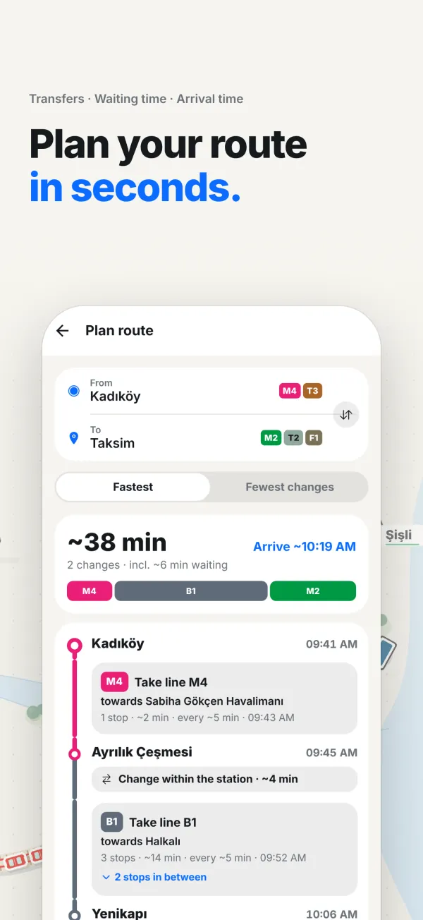 App screen: a planned route with walking, tram, Marmaray and metro legs and the arrival time