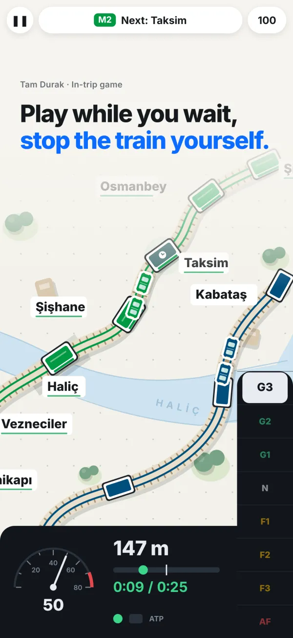 Tam Durak game: a train on the map with the speedometer and the control lever