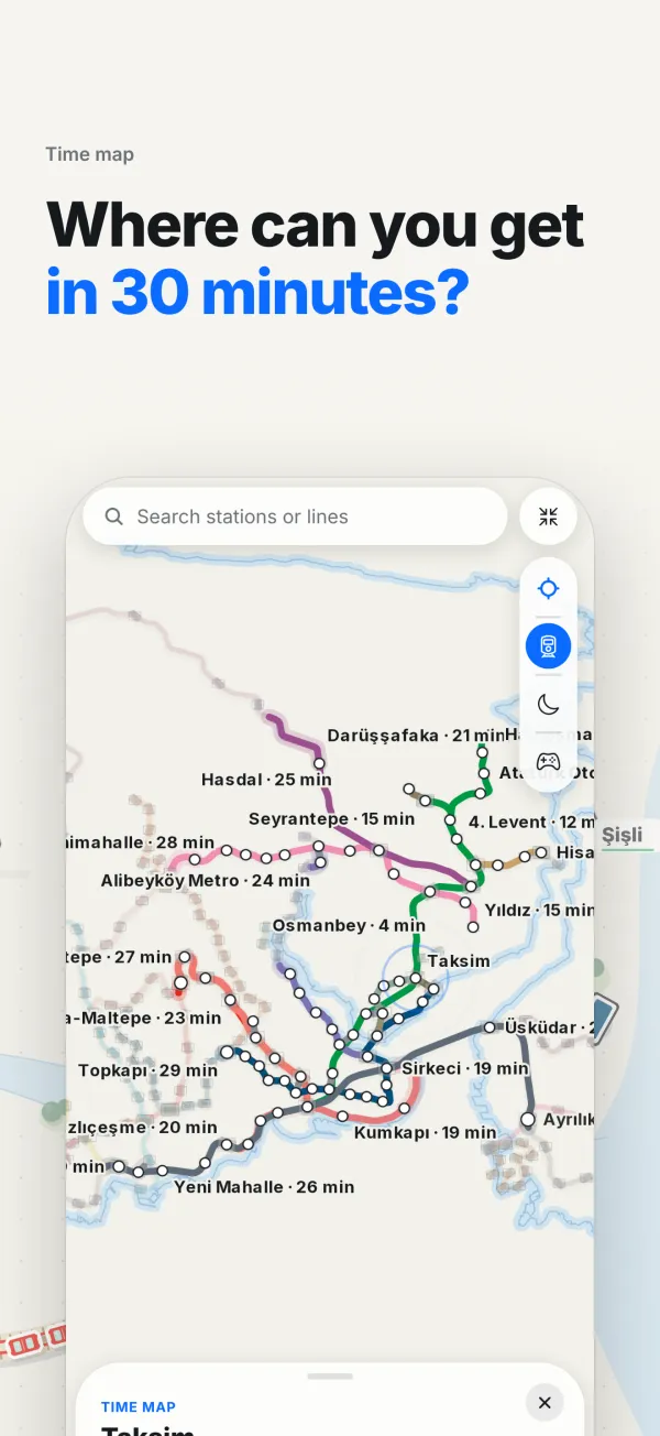 Time map showing the places reachable within minutes of the selected station