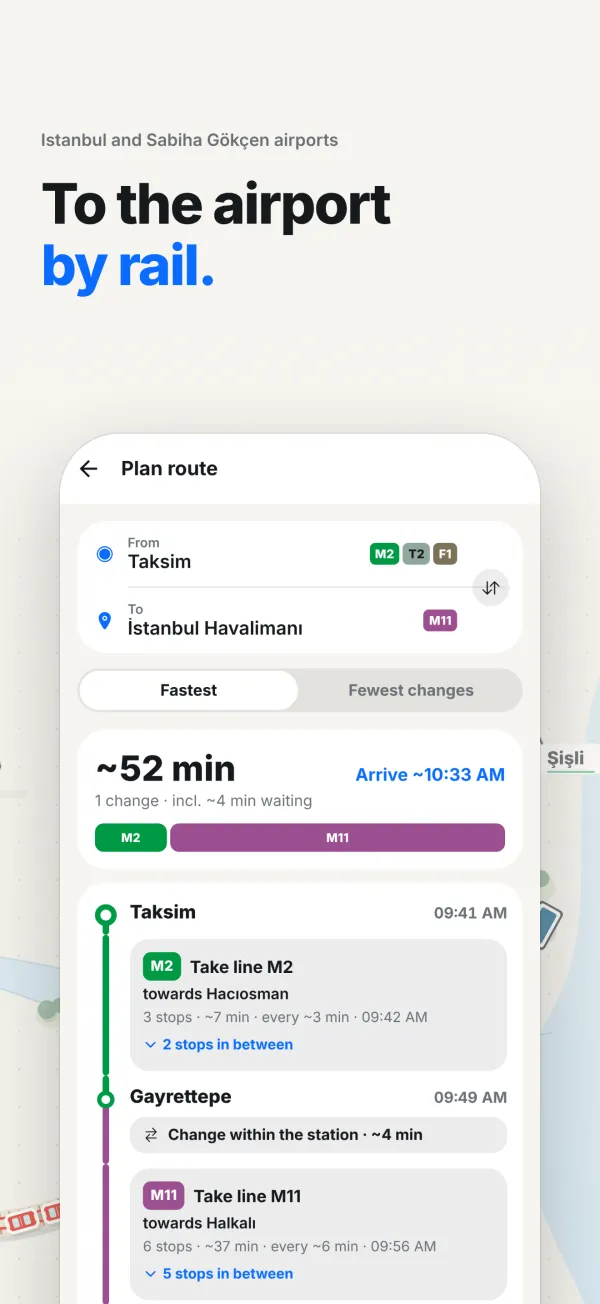 Route to the airport with the transfers and the journey time