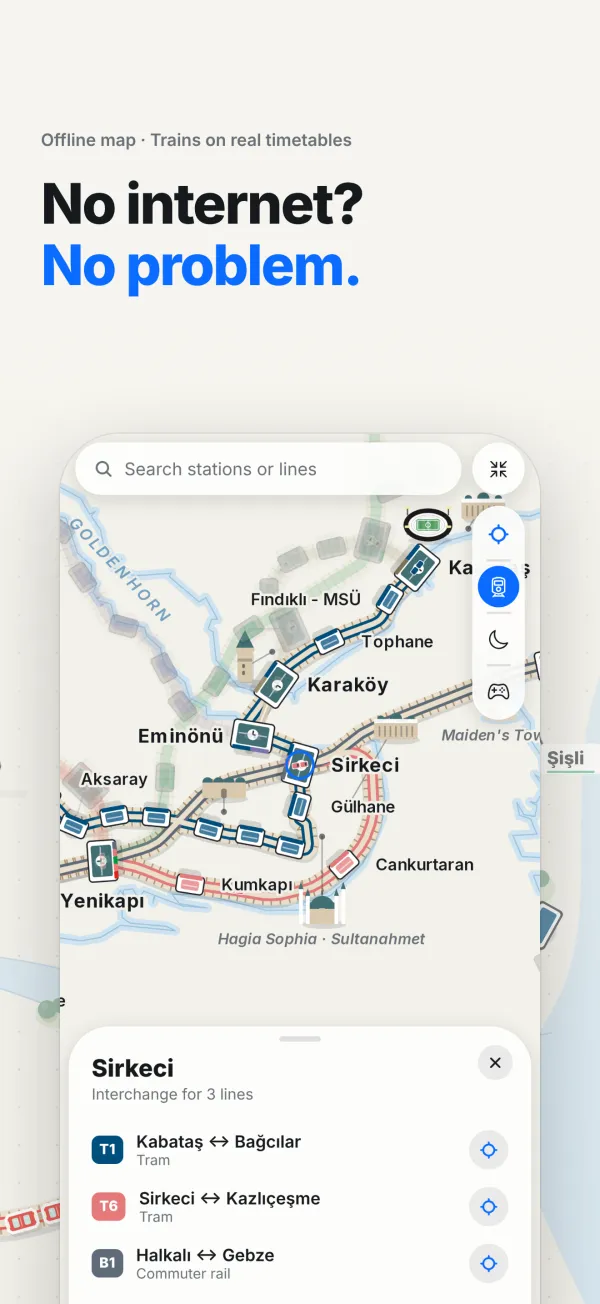 Rail map with trains running on their timetables, available offline